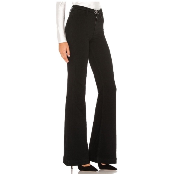 PAIGE Black Shadow Clean Front Genevieve Wide Leg Flare Jeans Buckle Detail - Picture 3 of 16